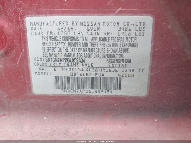 46182778 :رقم المزاد ، 3N1CN7AP2GL852434 vin ، 2016 Nissan Versa 1.6 S/1.6 S+/1.6 Sl/1.6 Sv مزاد بيع