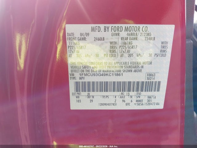 Продаж на аукціоні авто 2009 Ford Escape Xlt, vin: 1FMCU93G49KC11861, номер лоту: 46182787