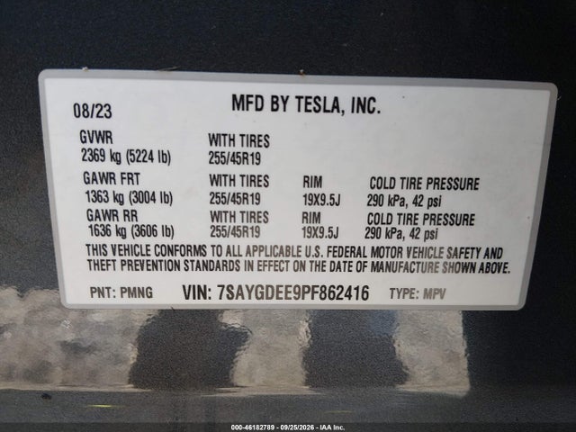 46182789 :رقم المزاد ، 7SAYGDEE9PF862416 vin ، 2023 Tesla Model Y Awd/long Range Dual Motor All-wheel Drive مزاد بيع