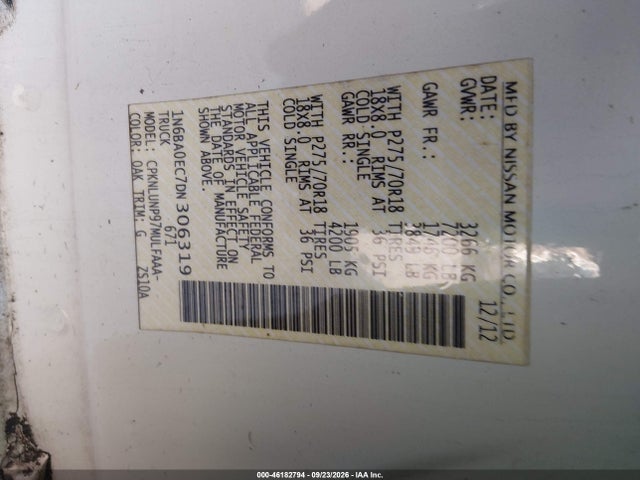 46182794 :رقم المزاد ، 1N6BA0EC7DN306319 vin ، 2013 Nissan Titan Pro-4x مزاد بيع