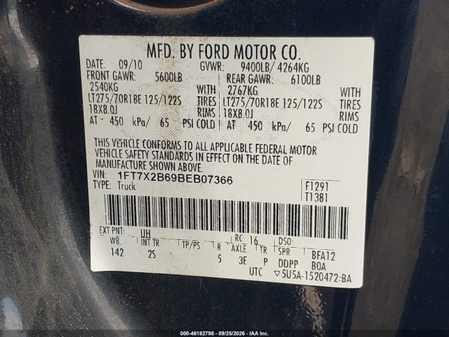 Aukcja sprzedaży 2011 Ford F-250 Xlt, vin: 1FT7X2B69BEB07366, numer aukcji: 46182798