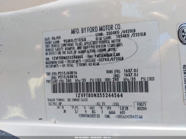 Продажа на аукционе авто 2005 Ford Mustang V6 Deluxe/v6 Premium, vin: 1ZVFT80NX55244564, номер лота: 46182804