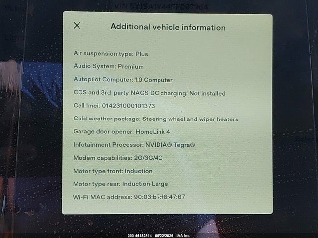 Продажа на аукционе авто 2015 Tesla Model S 85d/p85d, vin: 5YJSA1V44FF097964, номер лота: 46182814