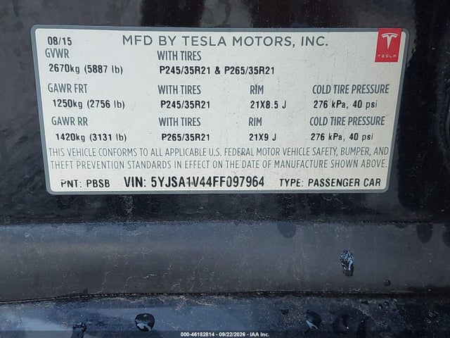 Продажа на аукционе авто 2015 Tesla Model S 85d/p85d, vin: 5YJSA1V44FF097964, номер лота: 46182814