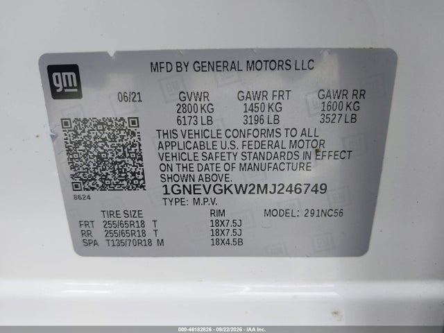 Aukcja sprzedaży 2021 Chevrolet Traverse Awd Lt Cloth, vin: 1GNEVGKW2MJ246749, numer aukcji: 46182826