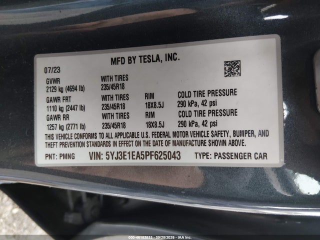 2023 Tesla Model 3 Rear-wheel Drive მანქანა იყიდება აუქციონზე, vin: 5YJ3E1EA5PF625043, აუქციონის ნომერი: 46182833
