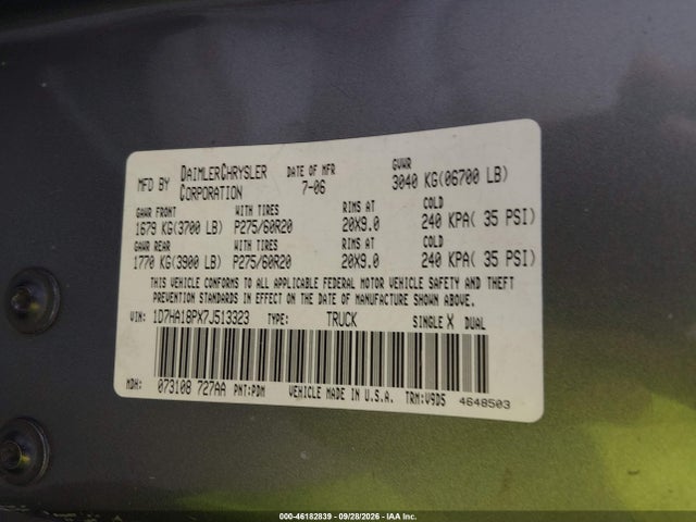 Продаж на аукціоні авто 2007 Dodge Ram 1500 Slt, vin: 1D7HA18PX7J513323, номер лоту: 46182839