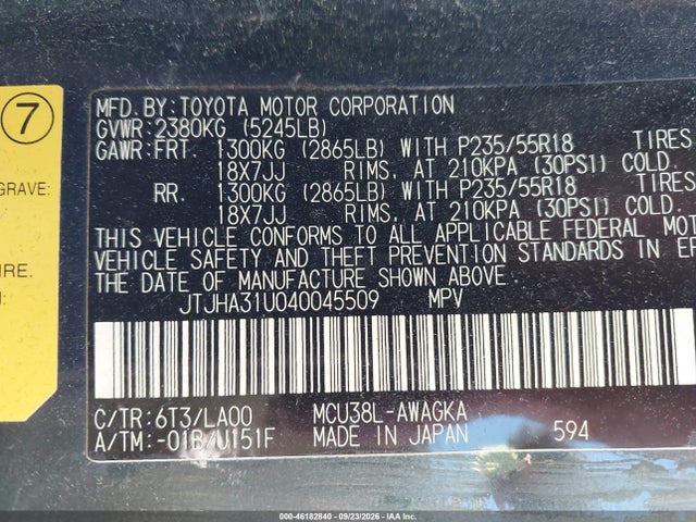 46182840 :رقم المزاد ، JTJHA31U040045509 vin ، 2004 Lexus Rx 330 مزاد بيع