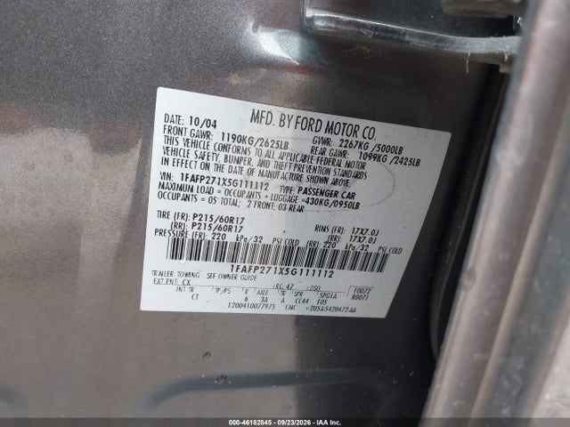 46182845 :رقم المزاد ، 1FAFP271X5G111112 vin ، 2005 Ford Five Hundred Sel مزاد بيع