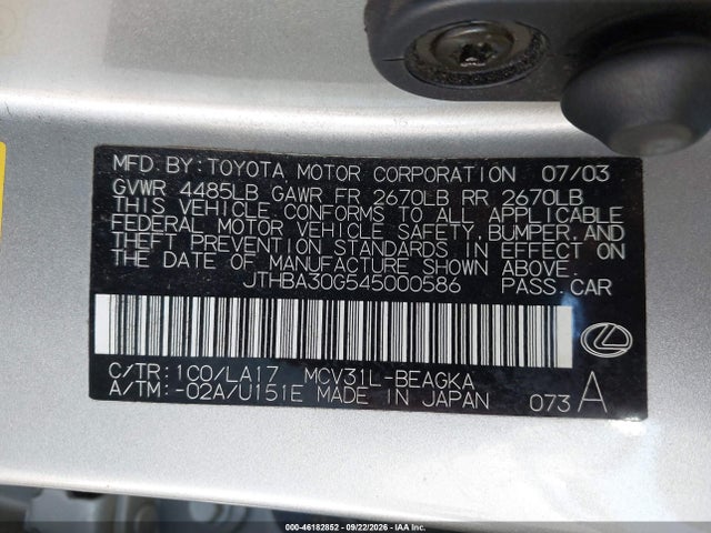 Продаж на аукціоні авто 2004 Lexus Es 330, vin: JTHBA30G545000586, номер лоту: 46182852