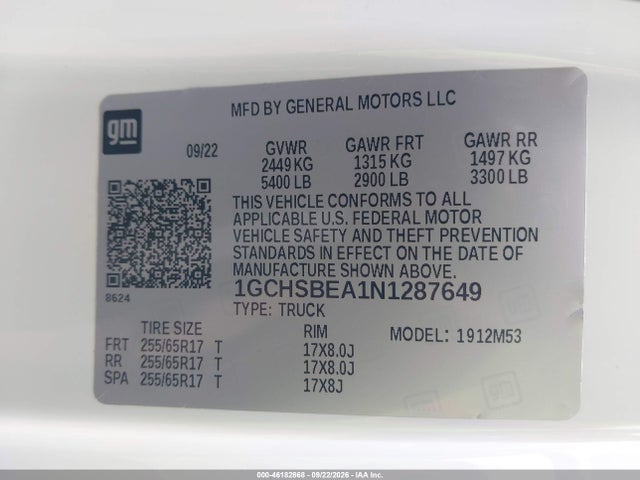Продаж на аукціоні авто 2022 Chevrolet Colorado 2wd  Long Box Wt, vin: 1GCHSBEA1N1287649, номер лоту: 46182868