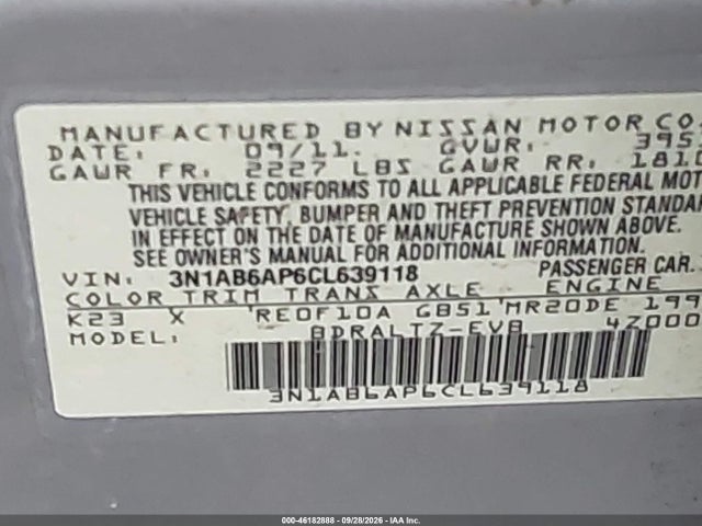 2012 Nissan Sentra 2.0 Sr მანქანა იყიდება აუქციონზე, vin: 3N1AB6AP6CL639118, აუქციონის ნომერი: 46182888