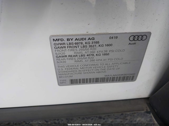 Продаж на аукціоні авто 2019 Audi E-tron Premium Plus, vin: WA1LAAGE6KB010485, номер лоту: 46182933