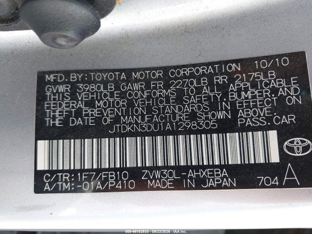 46182935 :رقم المزاد ، JTDKN3DU1A1298305 vin ، 2010 Toyota Prius Iii مزاد بيع