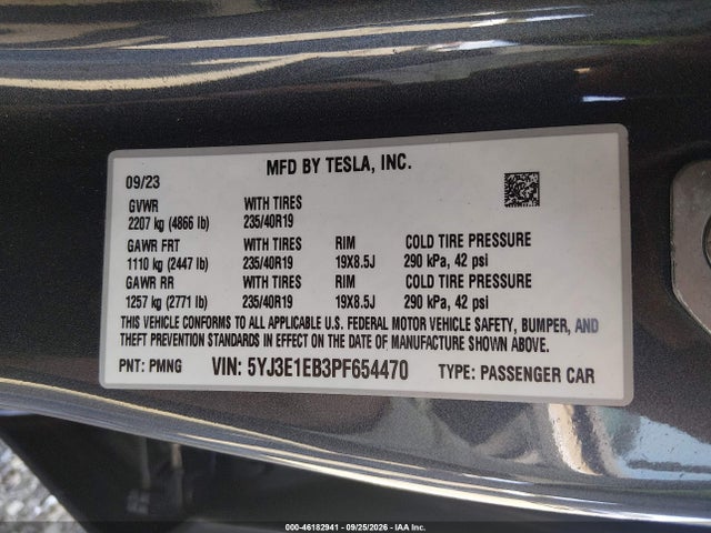 Продаж на аукціоні авто 2023 Tesla Model 3 Long Range Dual Motor All-wheel Drive, vin: 5YJ3E1EB3PF654470, номер лоту: 46182941