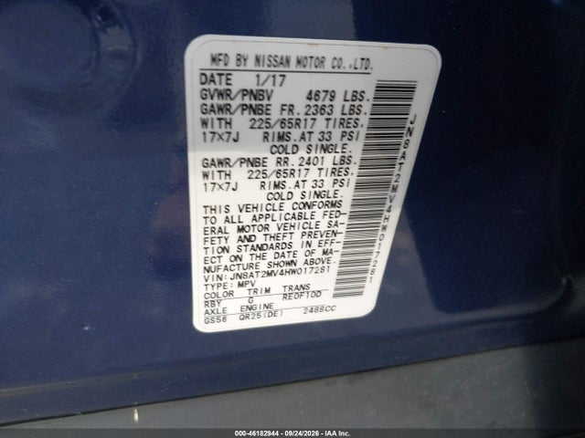 2017 Nissan Rogue Sv მანქანა იყიდება აუქციონზე, vin: JN8AT2MV4HW017281, აუქციონის ნომერი: 46182944