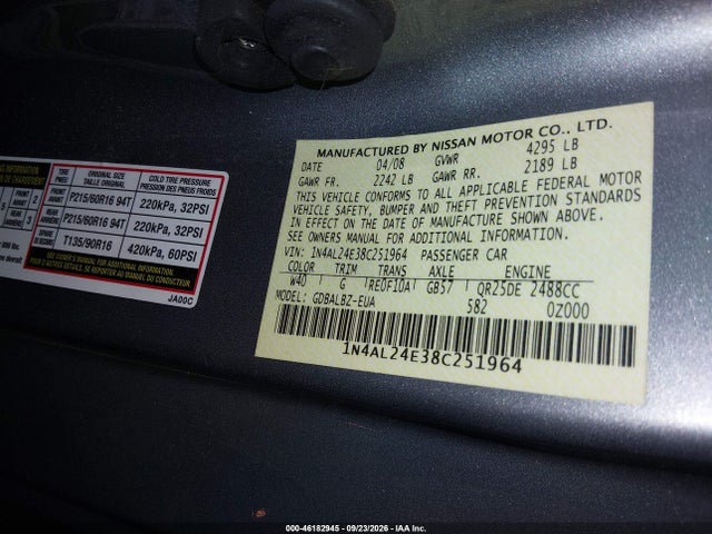 Продажа на аукционе авто 2008 Nissan Altima 2.5 S, vin: 1N4AL24E38C251964, номер лота: 46182945