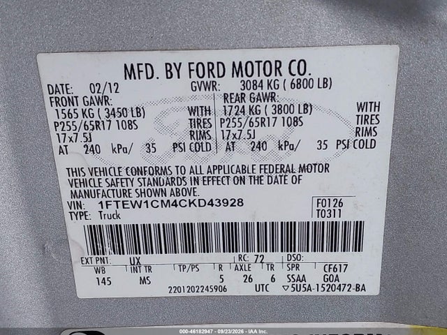 Продаж на аукціоні авто 2012 Ford F-150 Xlt, vin: 1FTEW1CM4CKD43928, номер лоту: 46182947