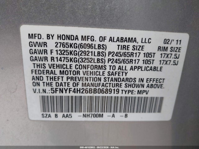 46182953 :رقم المزاد ، 5FNYF4H26BB068919 vin ، 2011 Honda Pilot Lx مزاد بيع