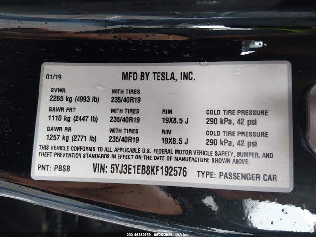 Aukcja sprzedaży 2019 Tesla Model 3 Long Range/performance, vin: 5YJ3E1EB8KF192576, numer aukcji: 46182959