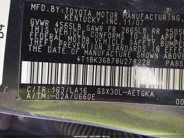 2008 Toyota Avalon Xls მანქანა იყიდება აუქციონზე, vin: 4T1BK36B78U278228, აუქციონის ნომერი: 46182961