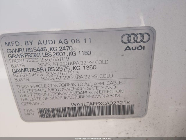 2012 Audi Q5 2.0t Premium მანქანა იყიდება აუქციონზე, vin: WA1LFAFPXCA023218, აუქციონის ნომერი: 46182974
