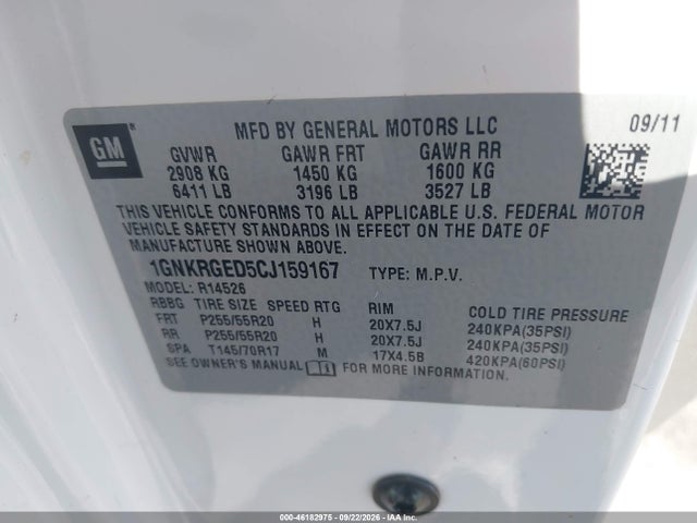 Aukcja sprzedaży 2012 Chevrolet Traverse 1lt, vin: 1GNKRGED5CJ159167, numer aukcji: 46182975