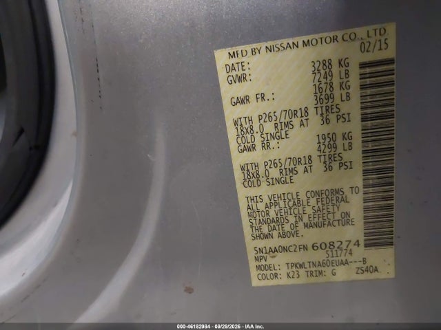 46182984 :رقم المزاد ، 5N1AA0NC2FN608274 vin ، 2015 Nissan Armada Platinum/sl/sv مزاد بيع