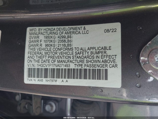 Aukcja sprzedaży 2022 Honda Accord Lx, vin: 1HGCV1F17NA071493, numer aukcji: 46182994