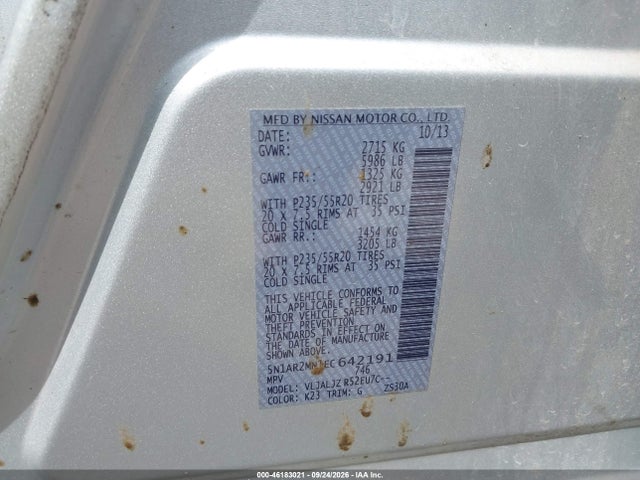 Auction sale of the 2014 Nissan Pathfinder Platinum, vin: 5N1AR2MN1EC642191, lot number: 46183021