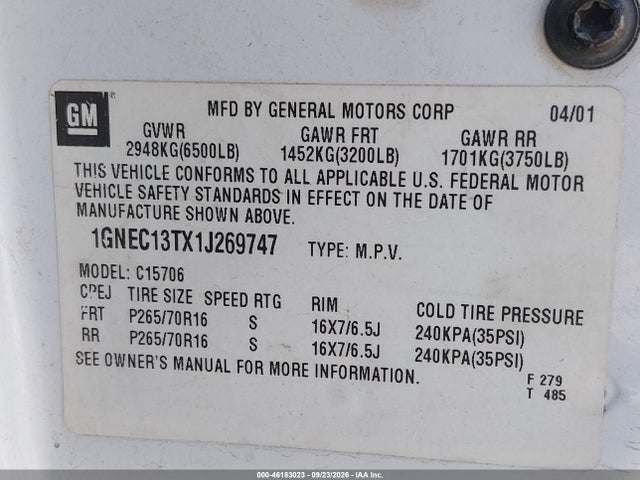 46183023 :رقم المزاد ، 1GNEC13TX1J269747 vin ، 2001 Chevrolet Tahoe Ls مزاد بيع