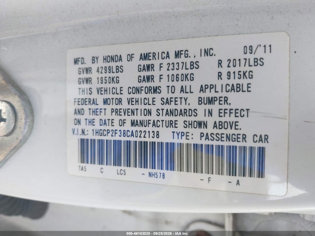 Продаж на аукціоні авто 2012 Honda Accord 2.4 Lx, vin: 1HGCP2F38CA022138, номер лоту: 46183028