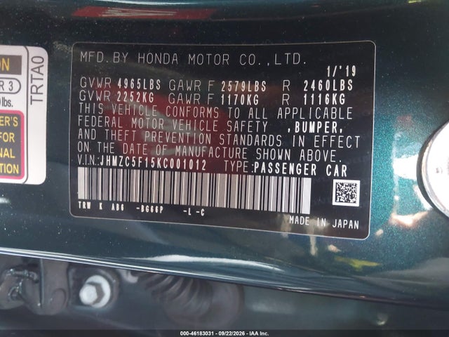 Aukcja sprzedaży 2019 Honda Clarity Plug-in Hybrid, vin: JHMZC5F15KC001012, numer aukcji: 46183031