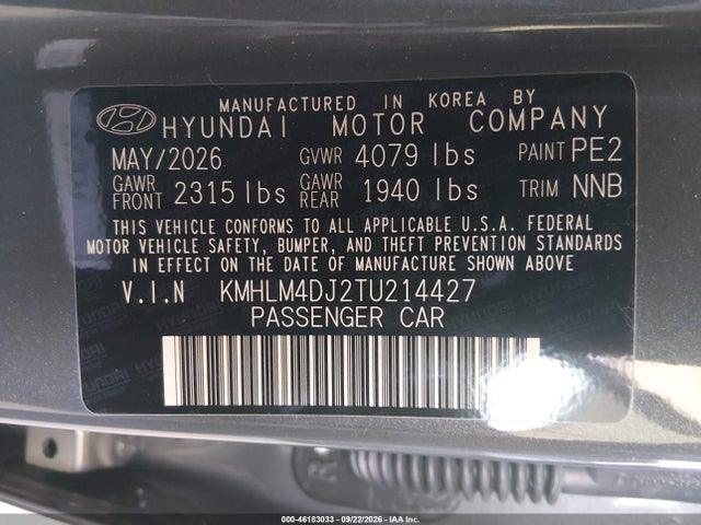 2026 Hyundai Elantra Hybrid Blue მანქანა იყიდება აუქციონზე, vin: KMHLM4DJ2TU214427, აუქციონის ნომერი: 46183033