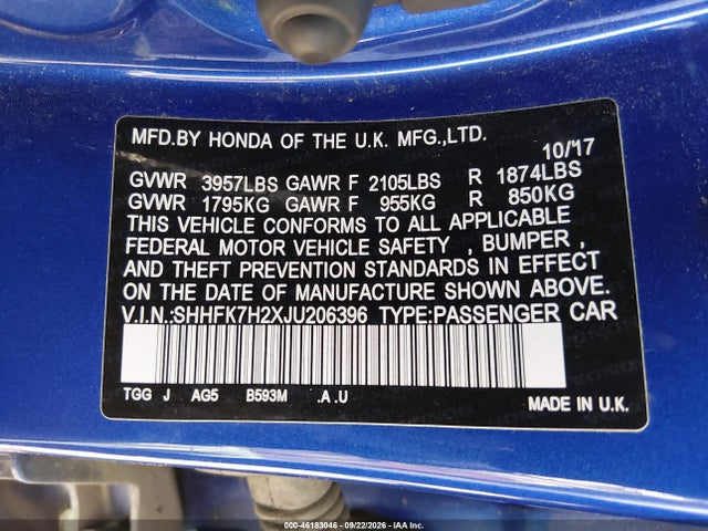 2018 Honda Civic Lx მანქანა იყიდება აუქციონზე, vin: SHHFK7H2XJU206396, აუქციონის ნომერი: 46183046