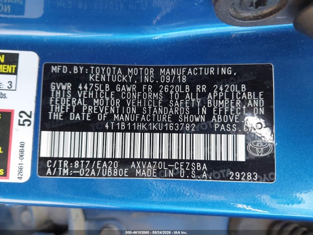2019 Toyota Camry Se მანქანა იყიდება აუქციონზე, vin: 4T1B11HK1KU163782, აუქციონის ნომერი: 46183060