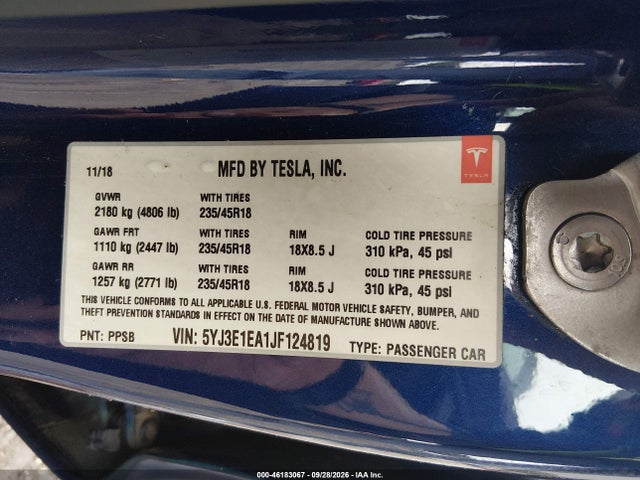 Продажа на аукционе авто 2018 Tesla Model 3, vin: 5YJ3E1EA1JF124819, номер лота: 46183067