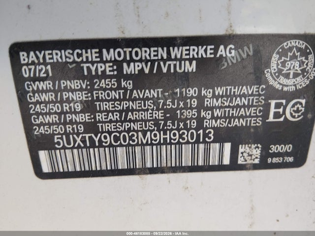 46183085 :رقم المزاد ، 5UXTY9C03M9H93013 vin ، 2021 Bmw X3 M40i مزاد بيع