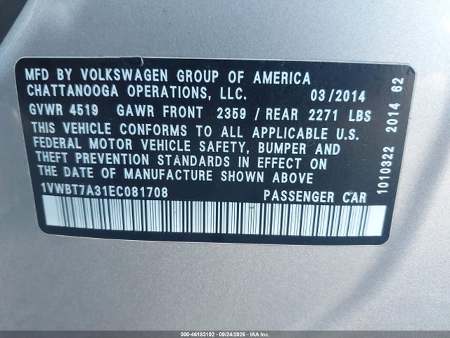Продажа на аукционе авто 2014 Volkswagen Passat 1.8t Se, vin: 1VWBT7A31EC081708, номер лота: 46183102