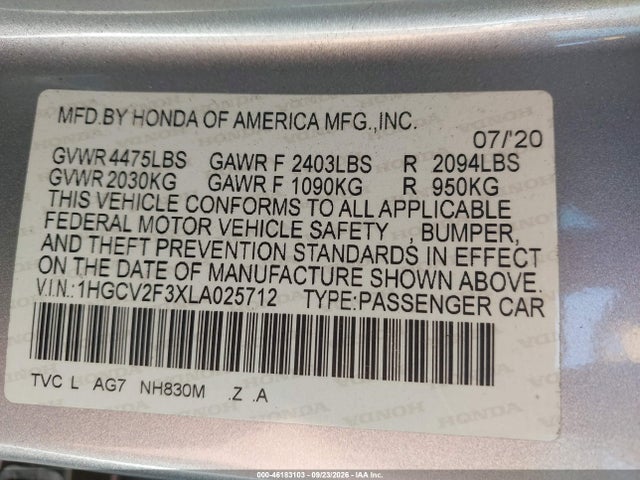 2020 Honda Accord Sport 2.0t მანქანა იყიდება აუქციონზე, vin: 1HGCV2F3XLA025712, აუქციონის ნომერი: 46183103