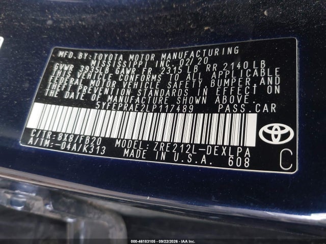 Продажа на аукционе авто 2020 Toyota Corolla Le, vin: 5YFEPRAE2LP117489, номер лота: 46183105