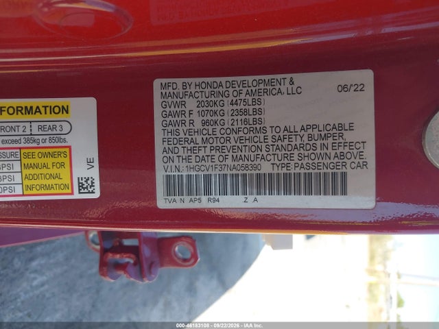 1HGCV1F37NA058390 Honda Accord Sport