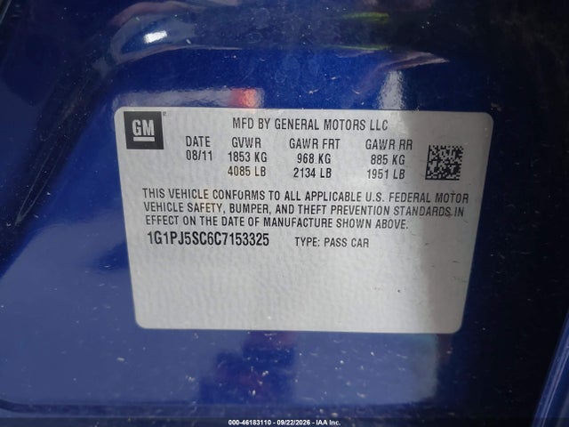 Aukcja sprzedaży 2012 Chevrolet Cruze Eco, vin: 1G1PJ5SC6C7153325, numer aukcji: 46183110