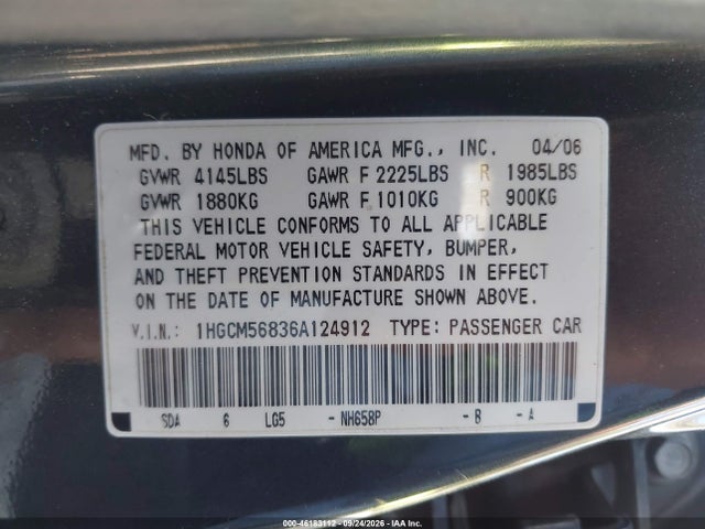 46183112 :رقم المزاد ، 1HGCM56836A124912 vin ، 2006 Honda Accord 2.4 Ex مزاد بيع
