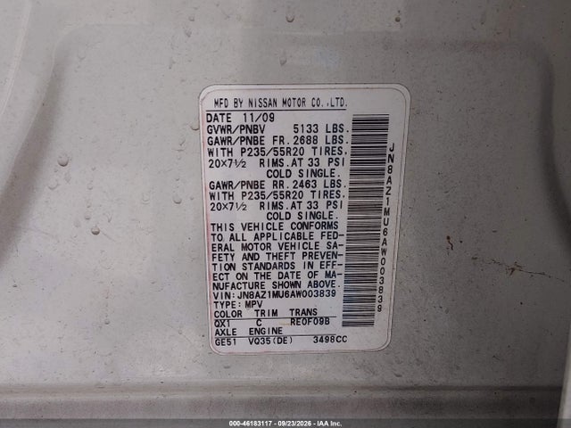 Aukcja sprzedaży 2010 Nissan Murano Le, vin: JN8AZ1MU6AW003839, numer aukcji: 46183117
