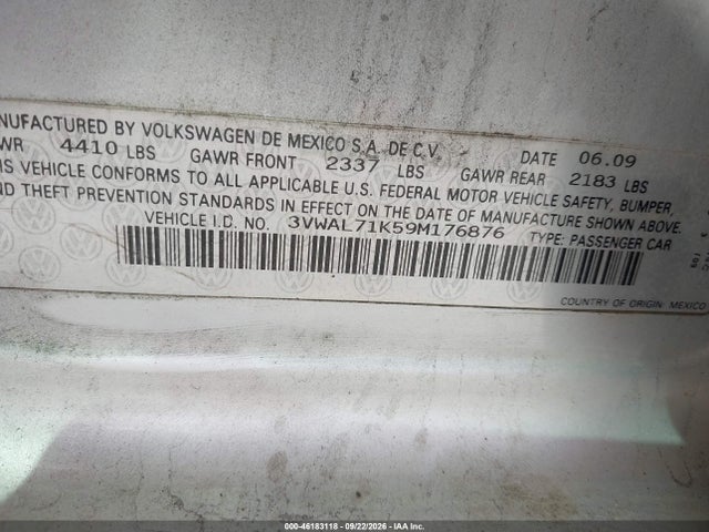 46183118 :رقم المزاد ، 3VWAL71K59M176876 vin ، 2009 Volkswagen Jetta Tdi مزاد بيع