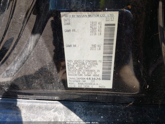 2013 Nissan Altima 2.5 S მანქანა იყიდება აუქციონზე, vin: 1N4AL3AP0DN483626, აუქციონის ნომერი: 46183124