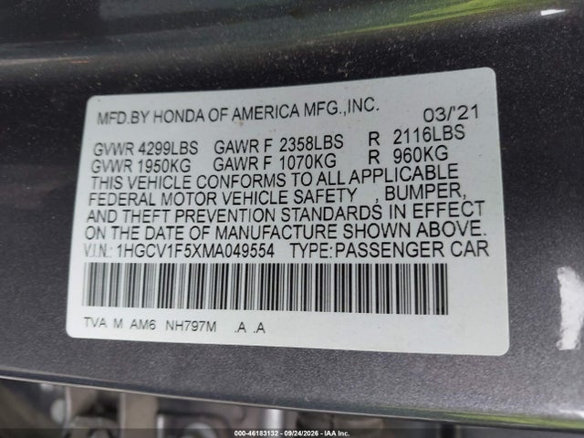 2021 Honda Accord Ex-l მანქანა იყიდება აუქციონზე, vin: 1HGCV1F5XMA049554, აუქციონის ნომერი: 46183132