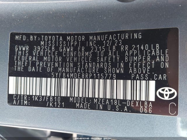 Продажа на аукционе авто 2024 Toyota Corolla Le, vin: 5YFB4MDE8RP115779, номер лота: 46183148