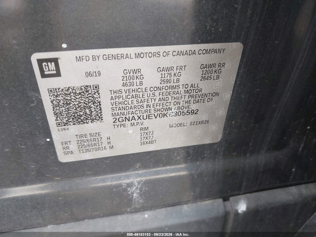 Aukcja sprzedaży 2019 Chevrolet Equinox Lt, vin: 2GNAXUEV0K6305592, numer aukcji: 46183153